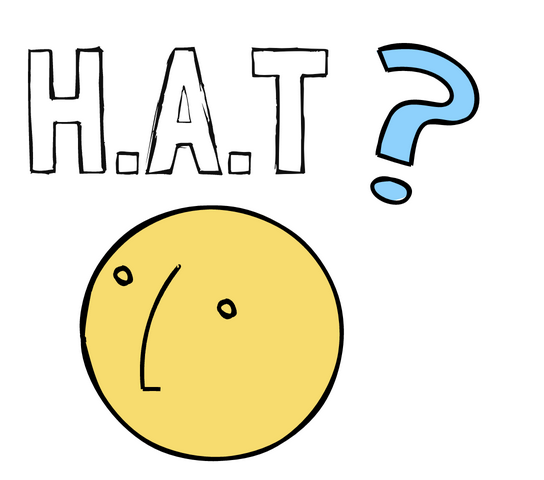 A confused cartoon face with the word "HAT?" above it's head.