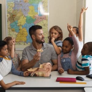 A teacher is sitting at his desk with a group of his students behind him. He is holding up a piece of the model of a human ear on the desk and asking a question about it. Most of the students have their hands up to answer his questions.