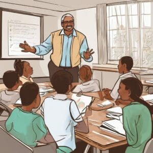 An illustration of a teacher interacting with students in a classroom.