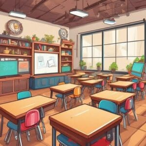 A cartoon illustration of a classroom with students and a teacher.