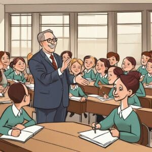 A cartoon illustration of a teacher in a school classroom, surrounded by students.