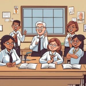 A cartoon illustration of a group of students in a classroom, with a teacher guiding the lesson.