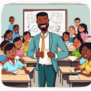 An African American man, dressed in a suit, standing in front of a classroom as a teacher, engaging with school students.