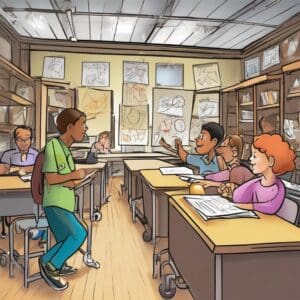 A cartoon illustration of a school classroom with students sitting at desks while a teacher stands at the front.