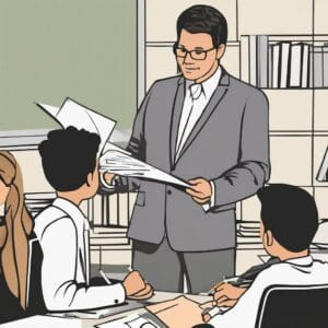A cartoon illustration of a teacher in a classroom, surrounded by students.