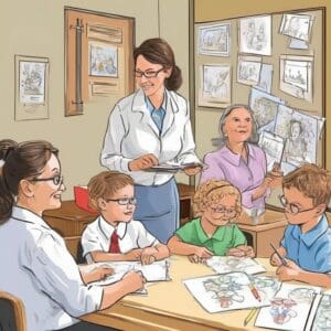 A cartoon illustration of a teacher and students in a classroom.