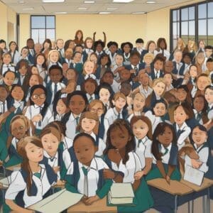 A cartoon illustration of a school classroom full of students.