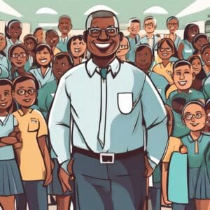 A cartoon illustration of a teacher standing in front of a group of students.