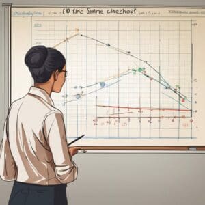 A teacher is standing in front of a board with a graph on it.